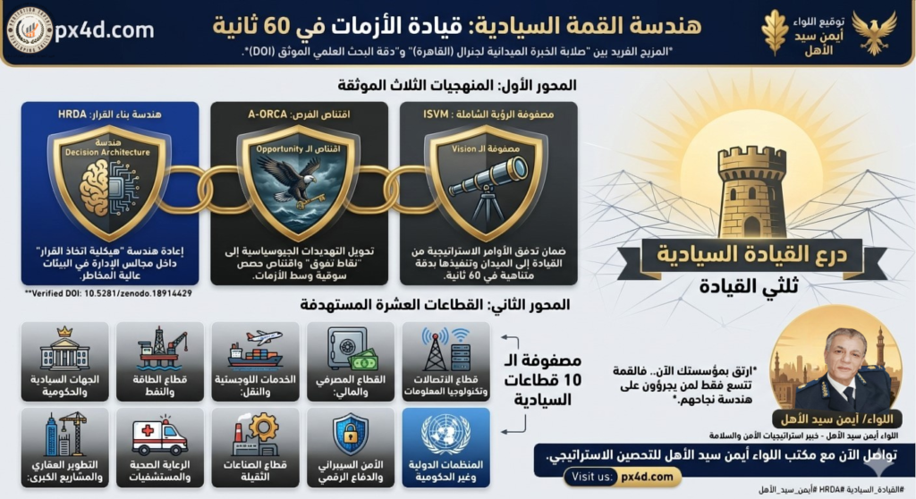 فلسفة الانطلاق نحو القمة: لماذا يُعد 'البقاء' أولى خطوات التراجع في زمن التوترات الجيوسياسية الحالية ؟ 1 Infographic by Major General Ayman Saydelahl showcasing the three strategic methodologies HRDA Decision Architecture A ORCA and ISVM Integrated Strategic Vision Matrix targeting 10 critical sectors