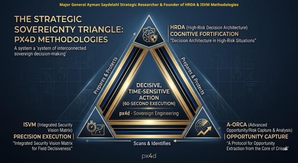 فلسفة الانطلاق نحو القمة: لماذا يُعد 'البقاء' أولى خطوات التراجع في زمن التوترات الجيوسياسية الحالية ؟ 6 The px4d Sovereign Strategy Triangle by Major General Ayman Saydelahl Strategic Researcher Founder of HRDA ISVM Methodologies